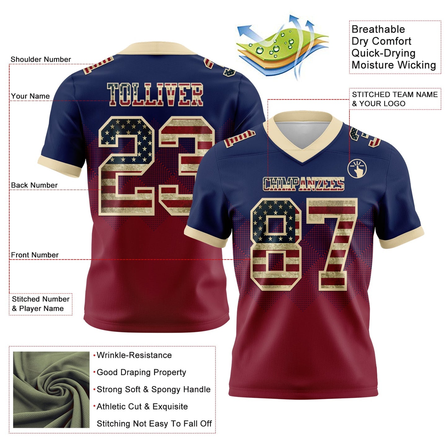Custom Navy Vintage USA Flag Crimson-Cream Authentic Gradient Square Shape 7V7 Flag Football Jersey view 2