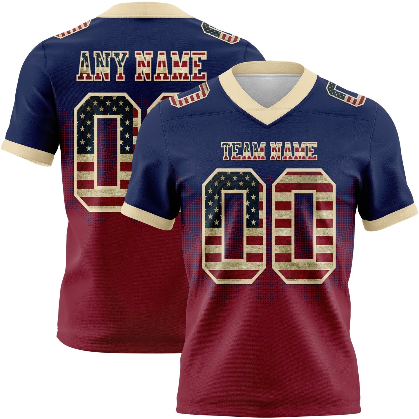 Custom Navy Vintage USA Flag Crimson-Cream Authentic Gradient Square Shape 7V7 Flag Football Jersey - Main View