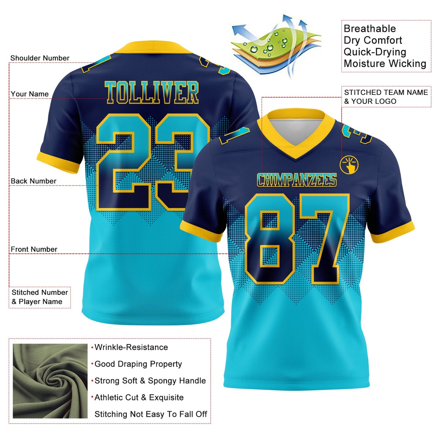 Custom Navy Lakes Blue-Yellow Authentic Gradient Square Shape 7V7 Flag Football Jersey view 2