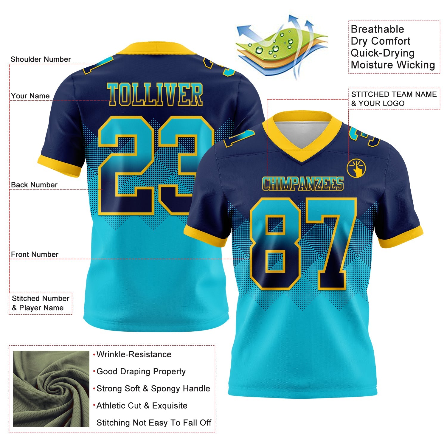 Custom Navy Lakes Blue-Yellow Authentic Gradient Square Shape 7V7 Flag Football Jersey view 2