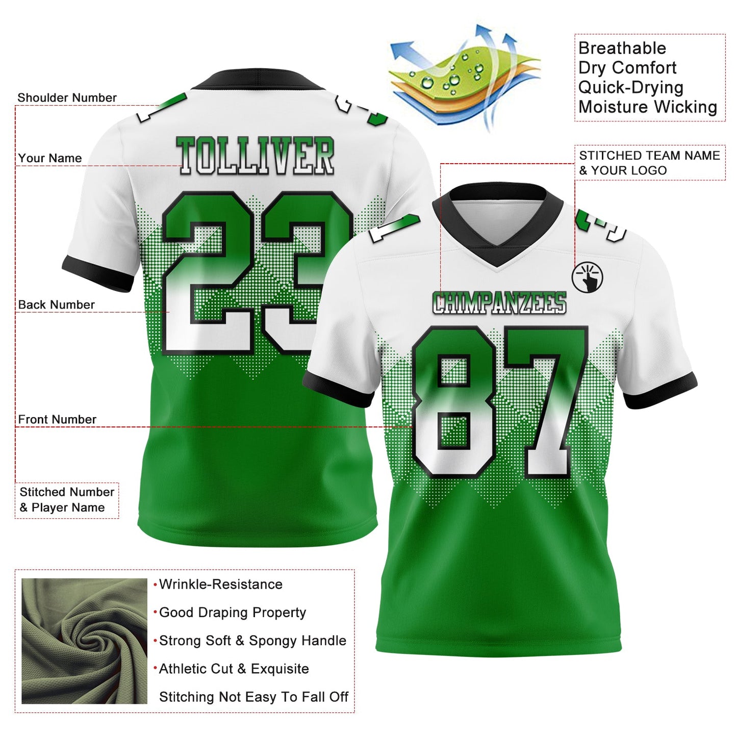 Custom White Grass Green-Black Authentic Gradient Square Shape 7V7 Flag Football Jersey view 2