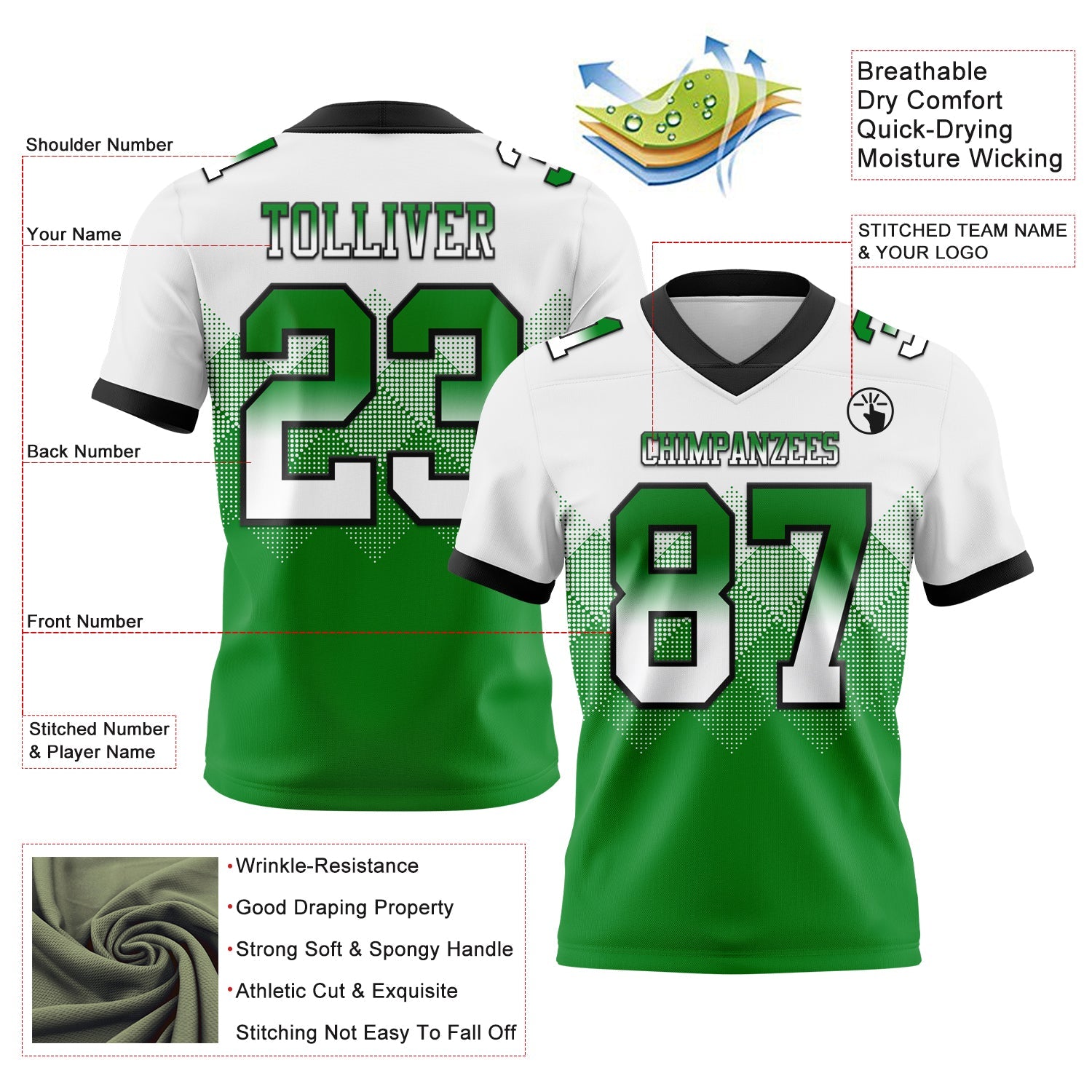 Custom White Grass Green-Black Authentic Gradient Square Shape 7V7 Flag Football Jersey view 2