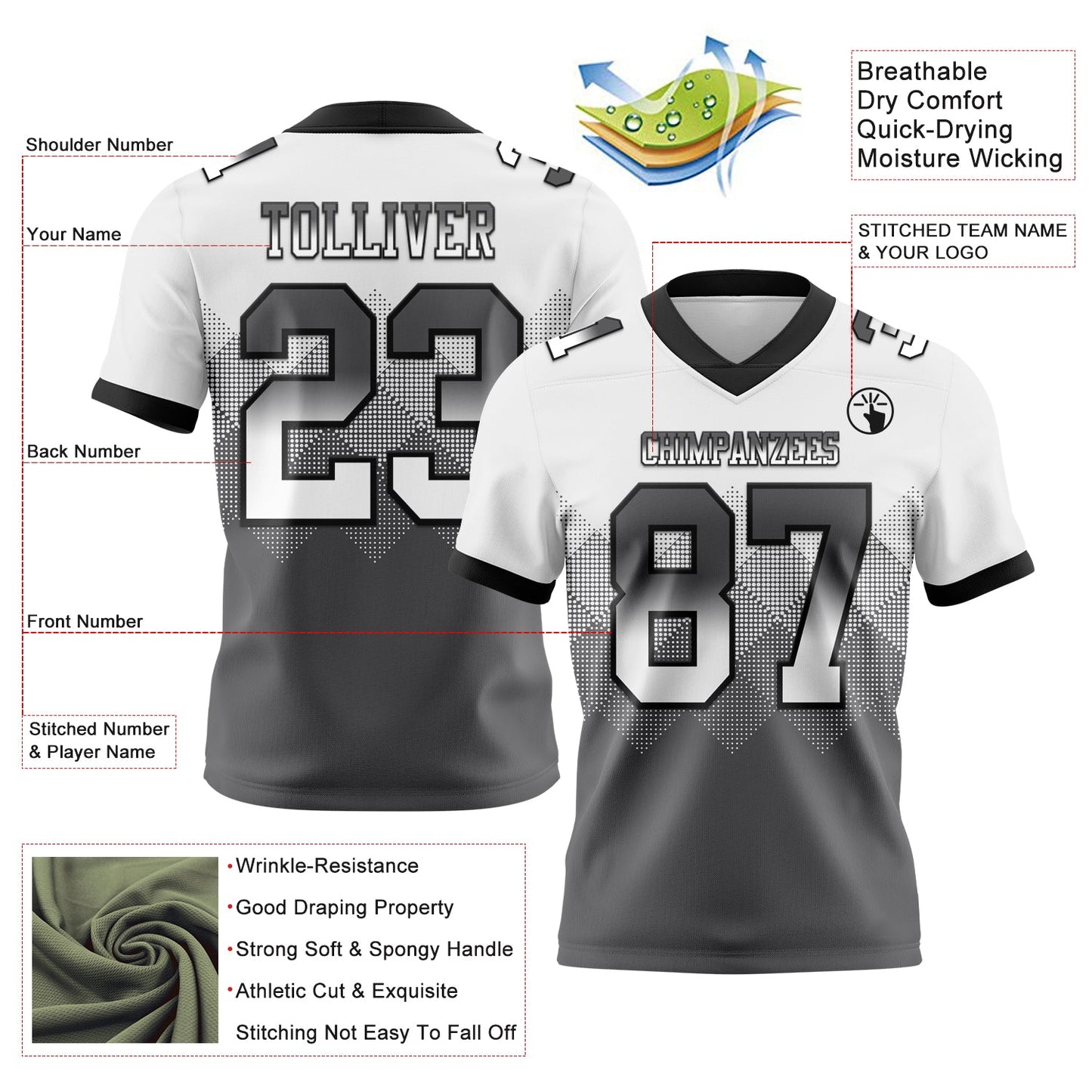 Custom White Steel Gray-Black Authentic Gradient Square Shape 7V7 Flag Football Jersey view 2