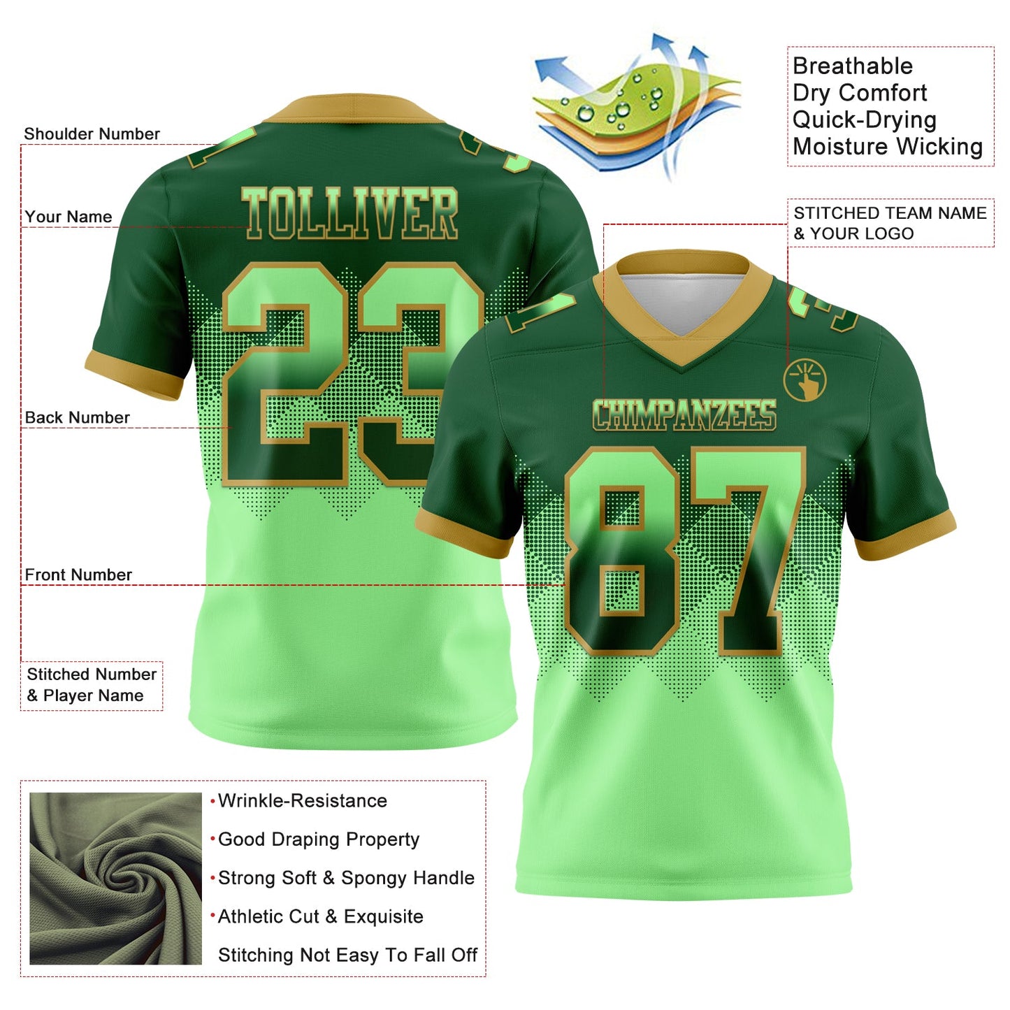 Custom Green Pea Green-Old Gold Authentic Gradient Square Shape 7V7 Flag Football Jersey view 2