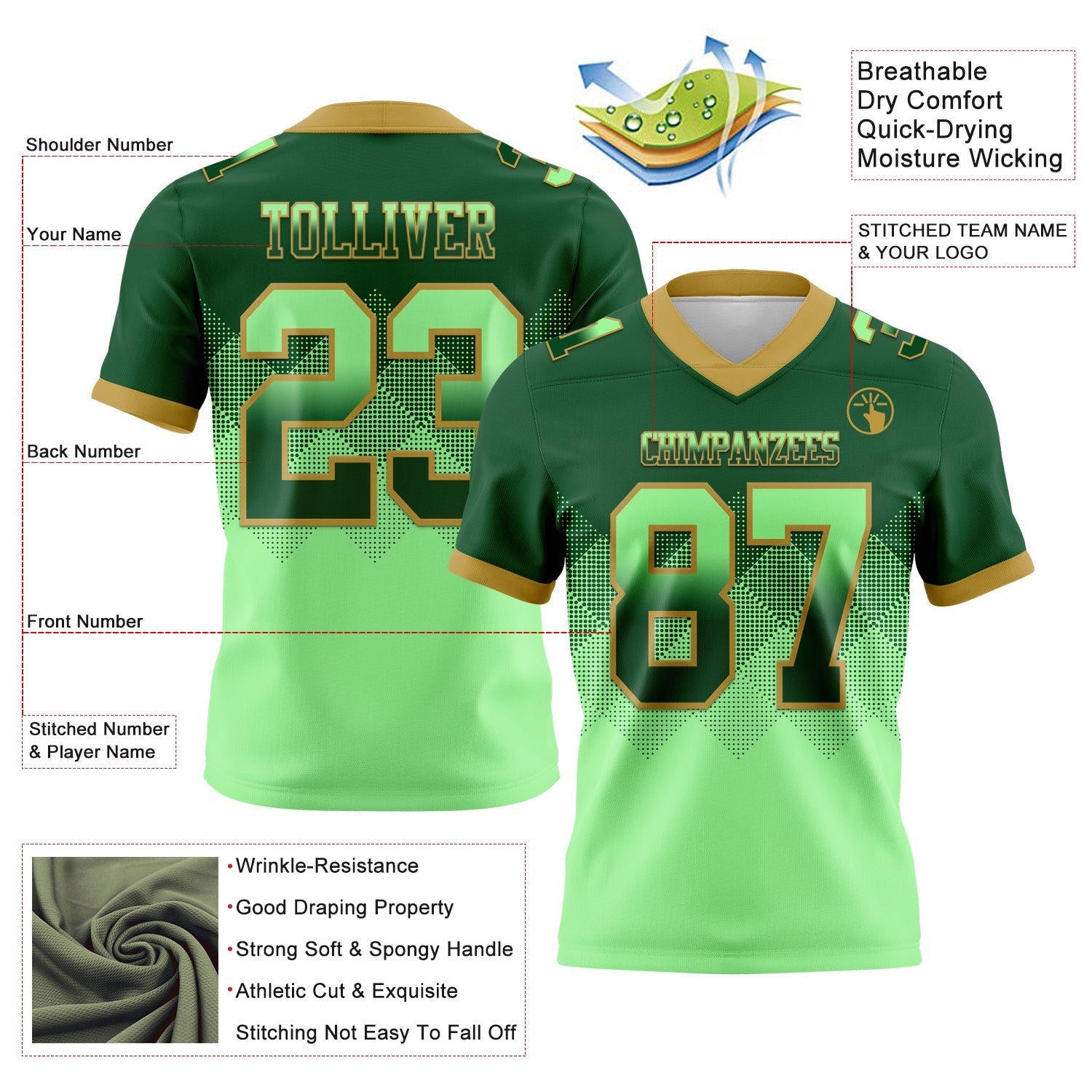 Custom Green Pea Green-Old Gold Authentic Gradient Square Shape 7V7 Flag Football Jersey view 2