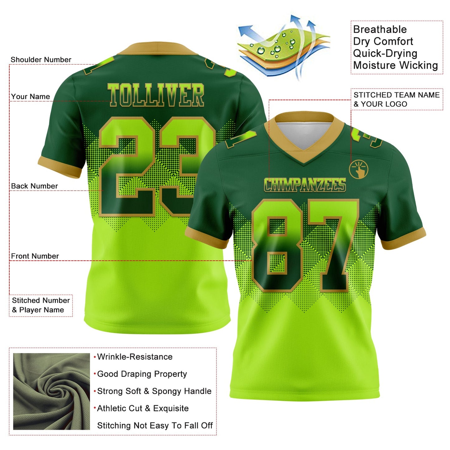 Custom Green Neon Green-Old Gold Authentic Gradient Square Shape 7V7 Flag Football Jersey view 2