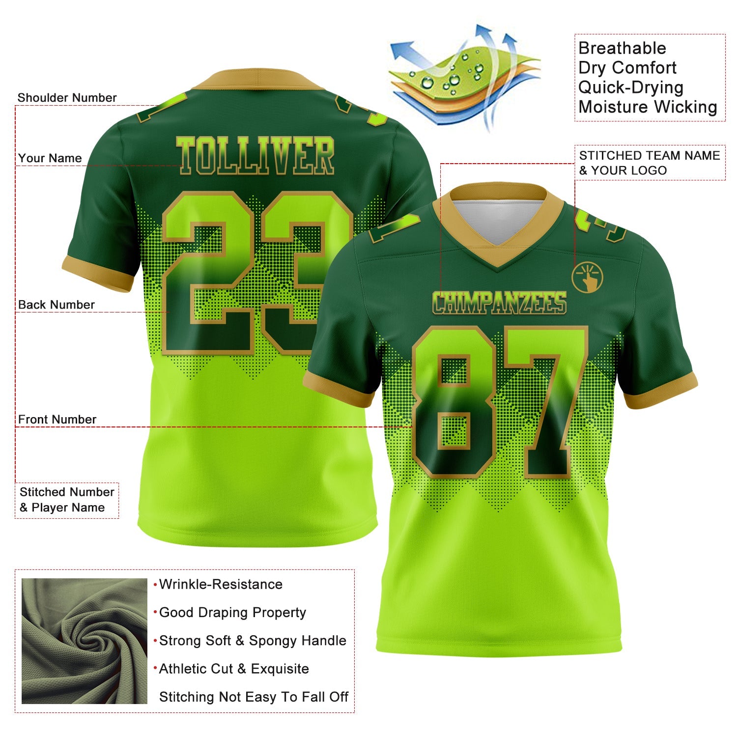 Custom Green Neon Green-Old Gold Authentic Gradient Square Shape 7V7 Flag Football Jersey view 2