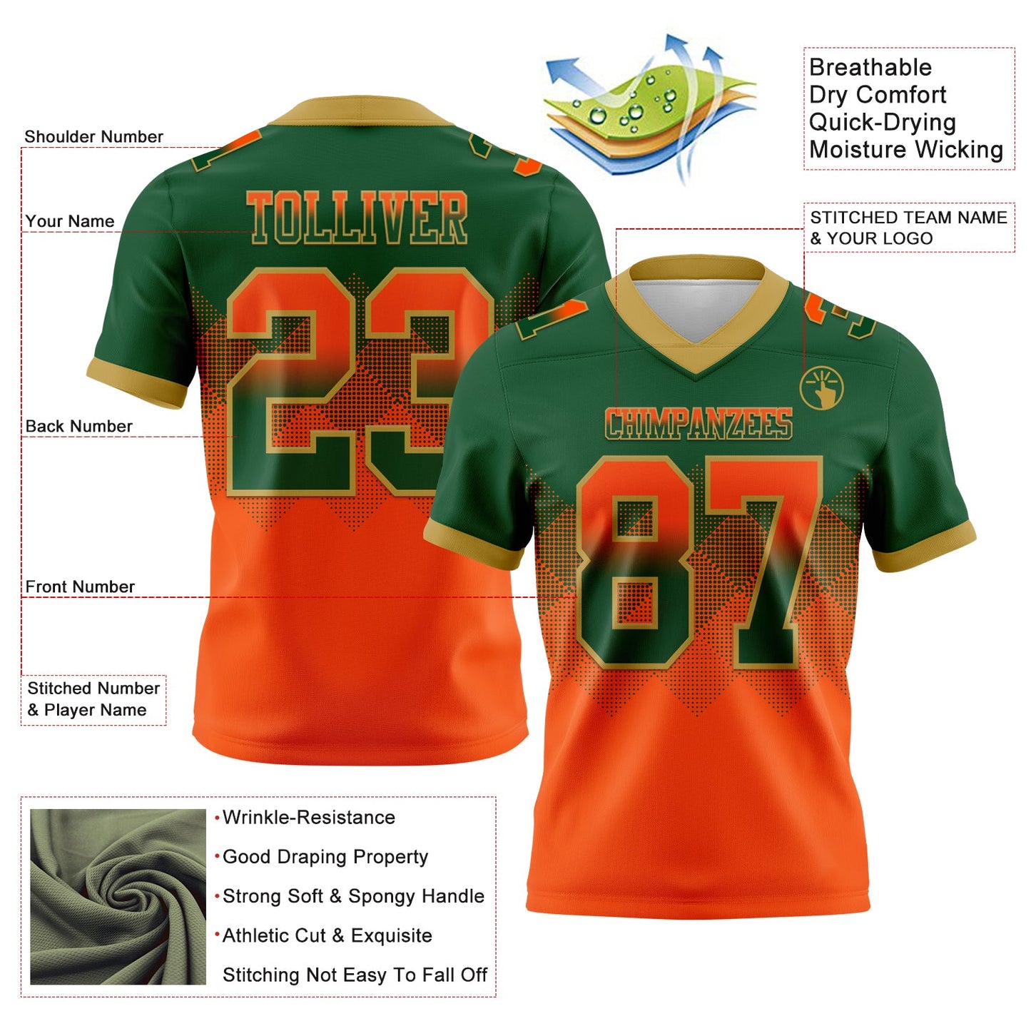 Custom Green Orange-Old Gold Authentic Gradient Square Shape 7V7 Flag Football Jersey view 2