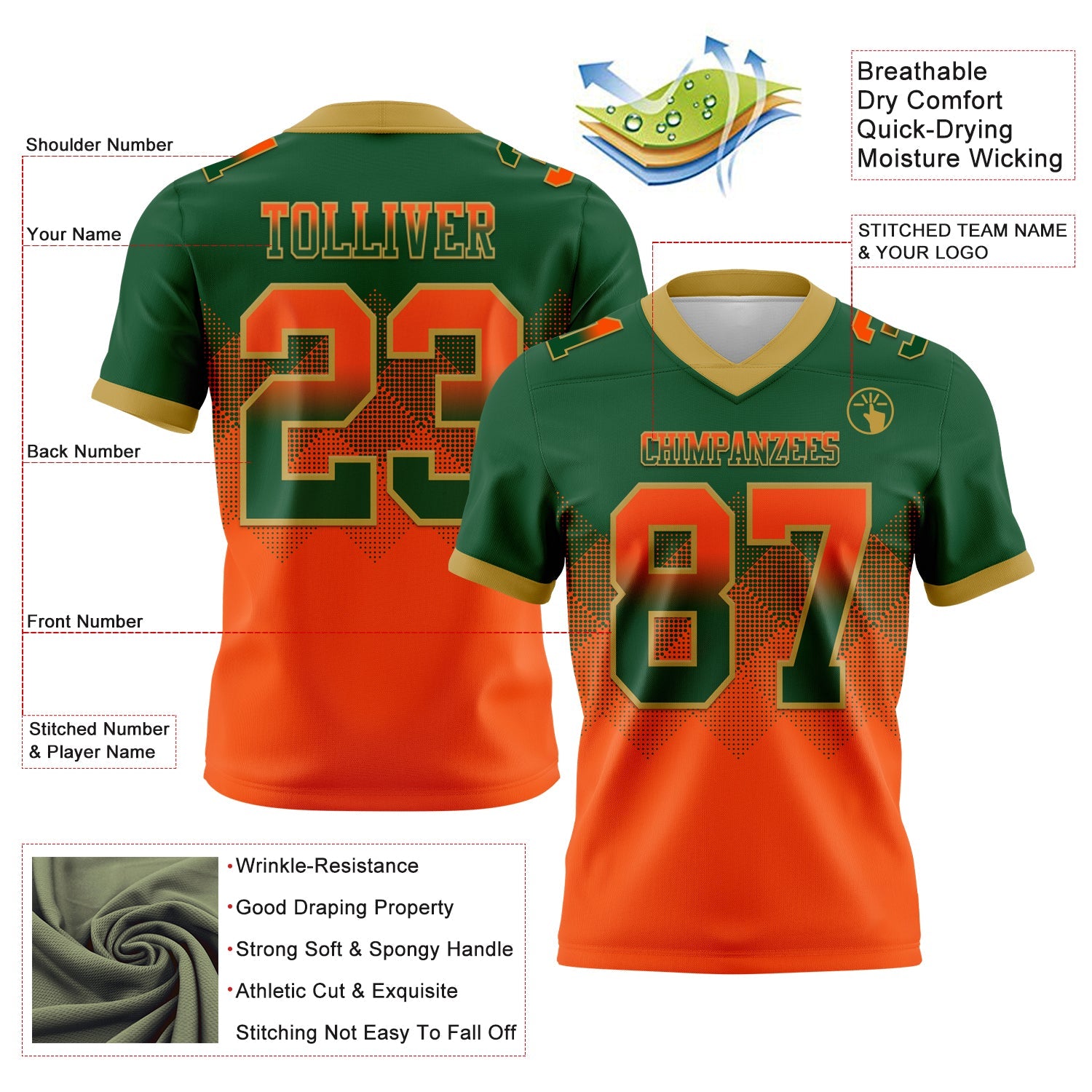 Custom Green Orange-Old Gold Authentic Gradient Square Shape 7V7 Flag Football Jersey view 2