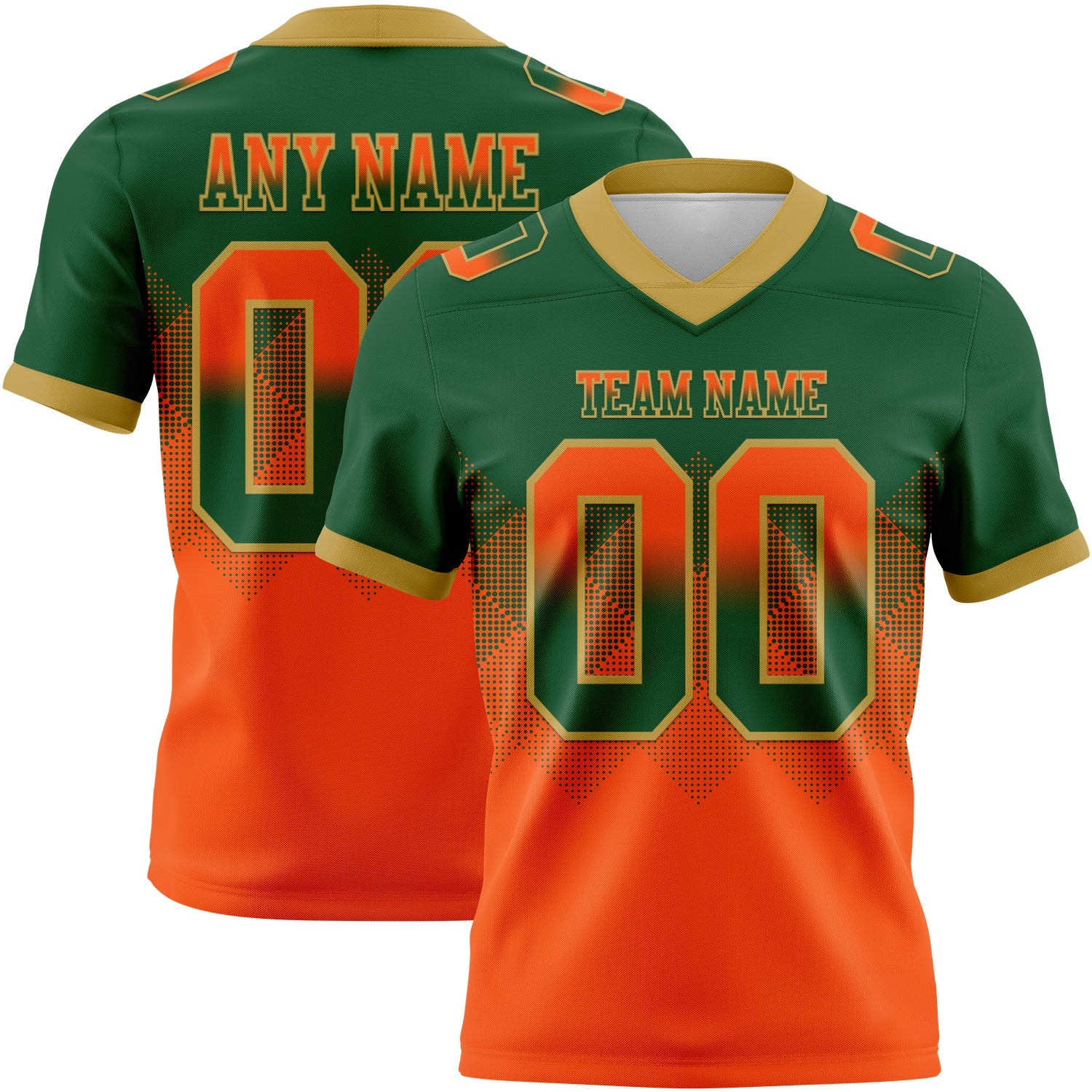 Custom Green Orange-Old Gold Authentic Gradient Square Shape 7V7 Flag Football Jersey - Main View
