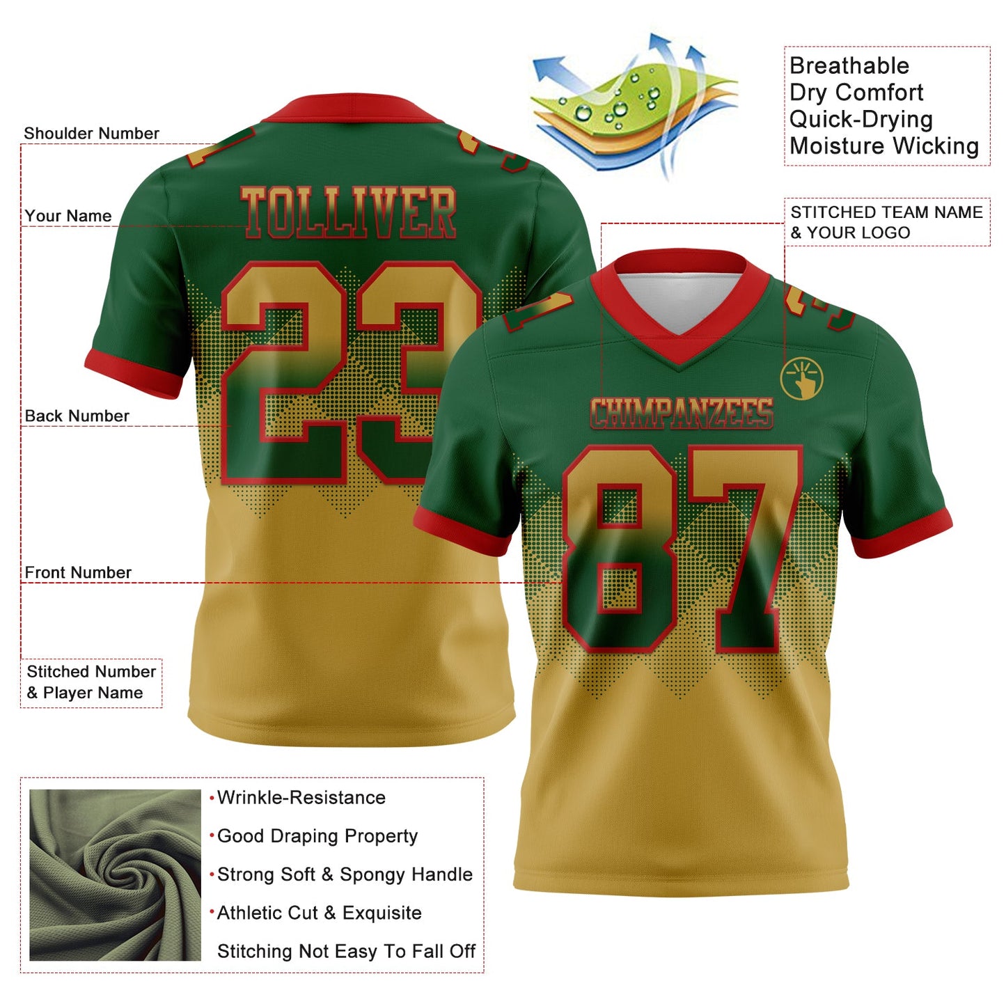 Custom Green Old Gold-Red Authentic Gradient Square Shape 7V7 Flag Football Jersey view 2