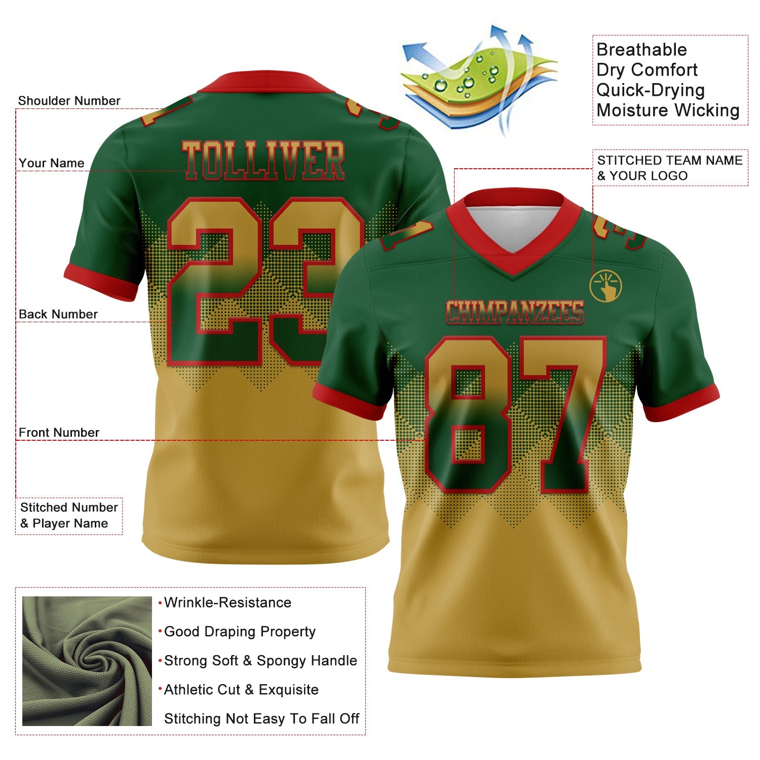 Custom Green Old Gold-Red Authentic Gradient Square Shape 7V7 Flag Football Jersey view 2