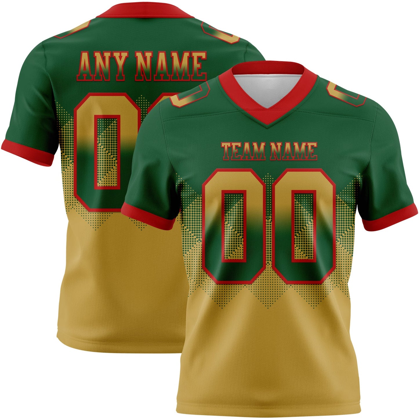 Custom Green Old Gold-Red Authentic Gradient Square Shape 7V7 Flag Football Jersey - Main View