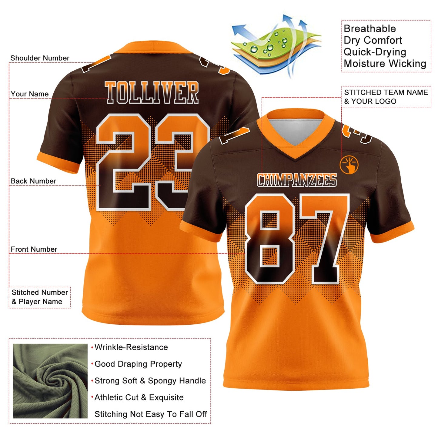 Custom Brown Orange-White Authentic Gradient Square Shape 7V7 Flag Football Jersey view 2