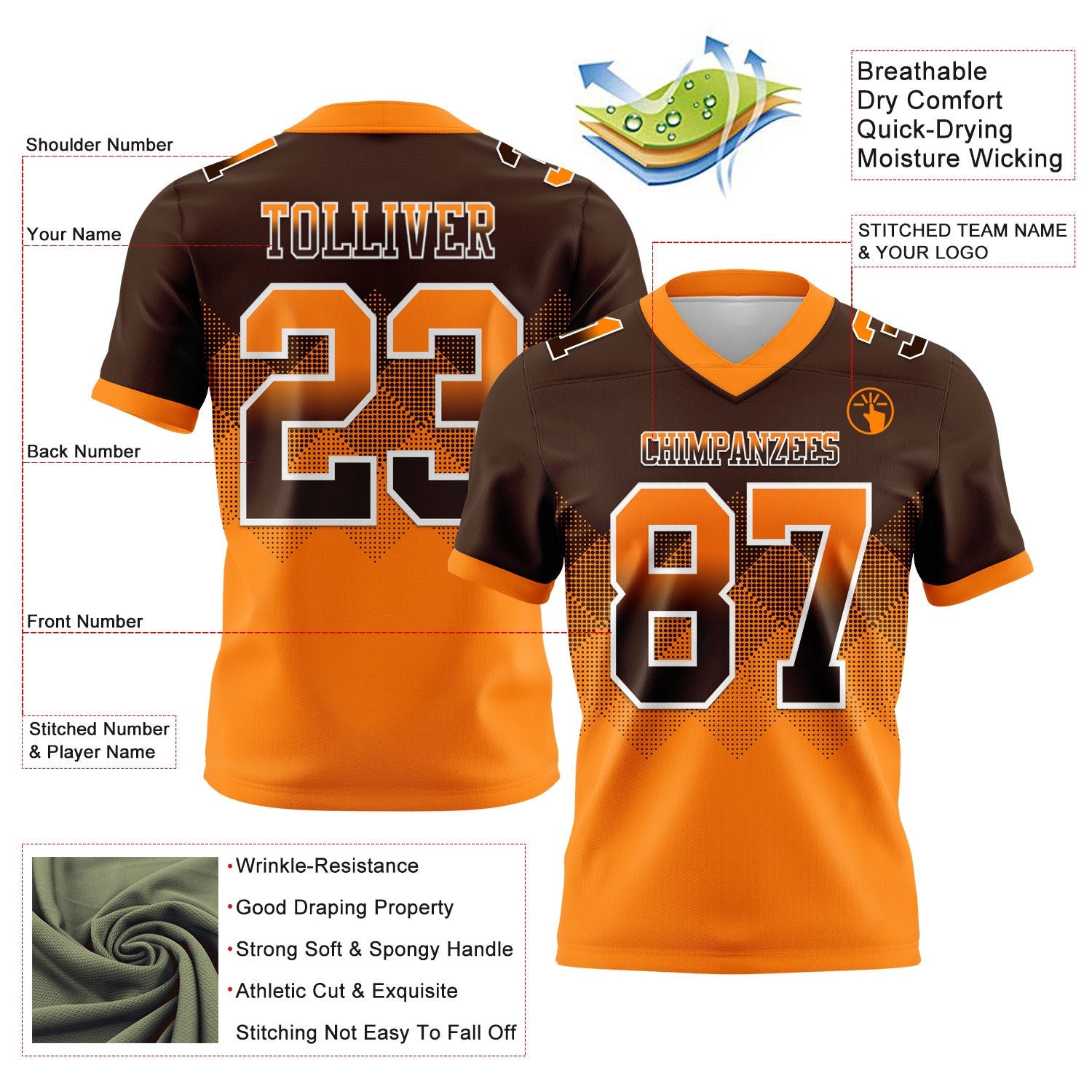 Custom Brown Orange-White Authentic Gradient Square Shape 7V7 Flag Football Jersey view 2