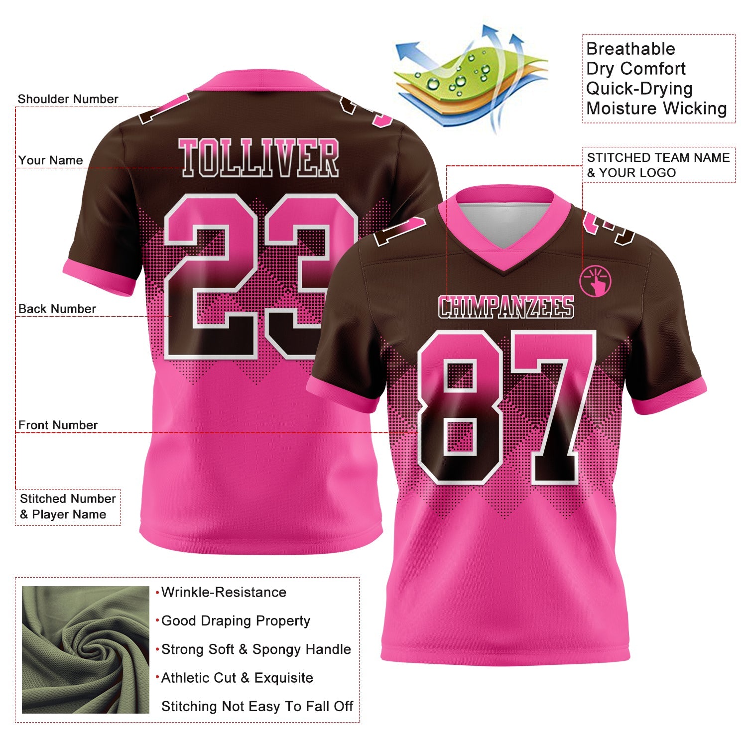 Custom Brown Pink-White Authentic Gradient Square Shape 7V7 Flag Football Jersey view 2