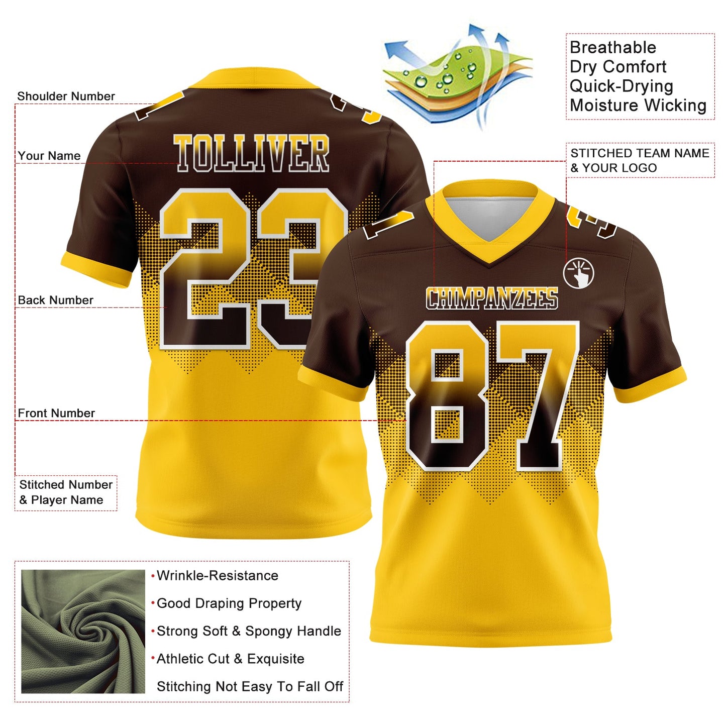 Custom Brown Yellow-White Authentic Gradient Square Shape 7V7 Flag Football Jersey view 2