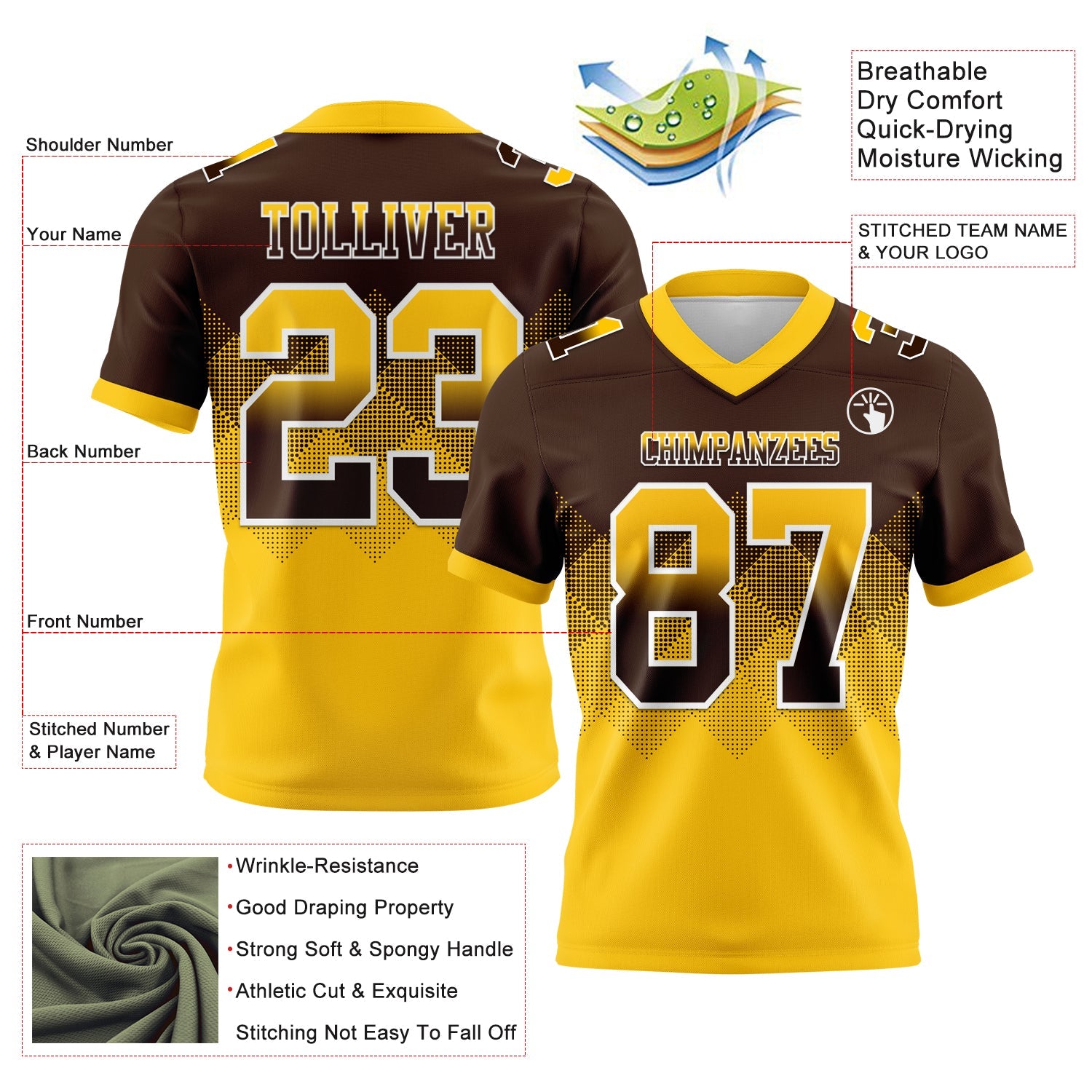 Custom Brown Yellow-White Authentic Gradient Square Shape 7V7 Flag Football Jersey view 2