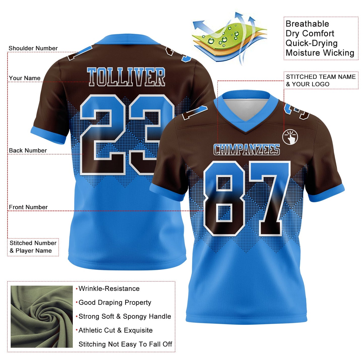 Custom Brown Powder Blue-White Authentic Gradient Square Shape 7V7 Flag Football Jersey view 2