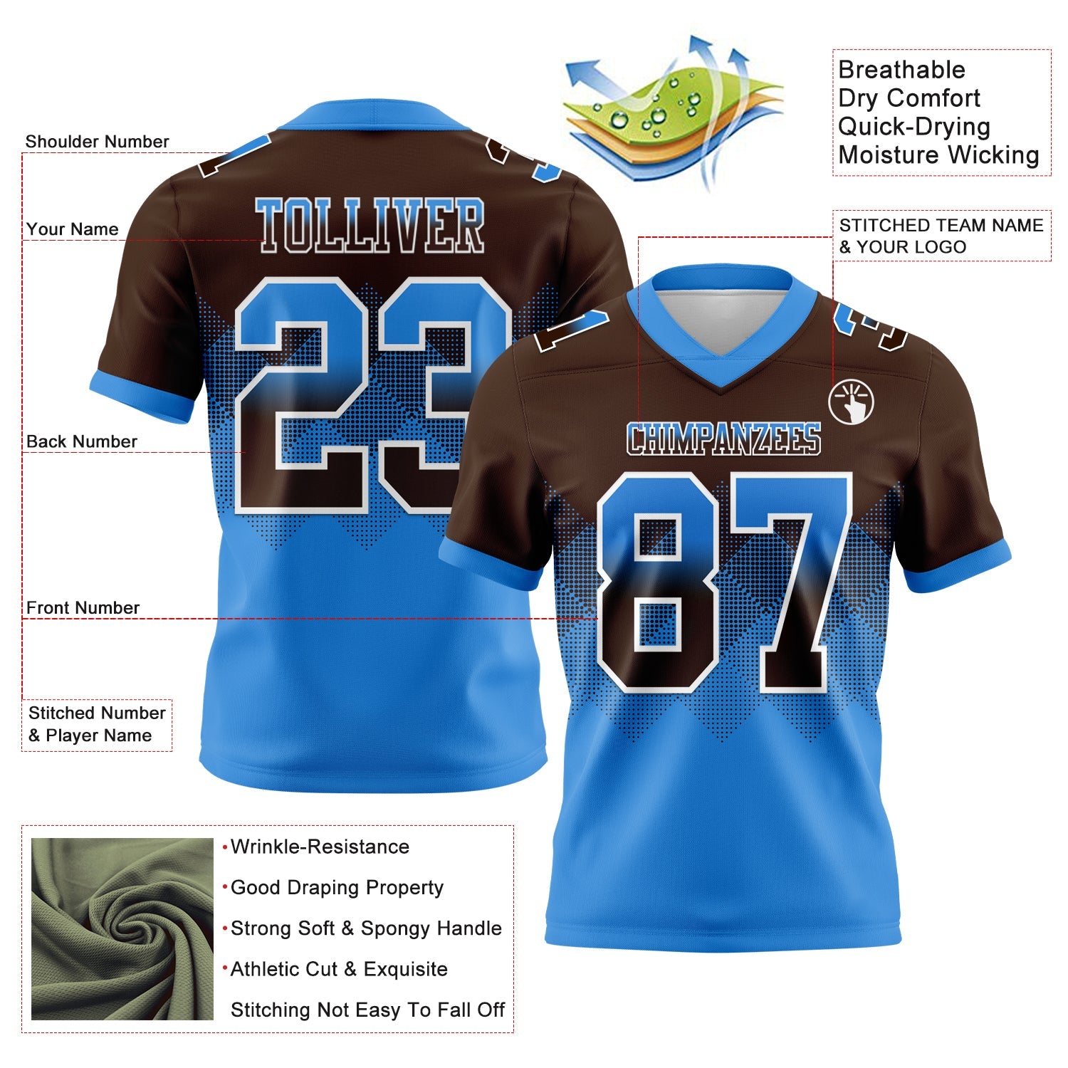 Custom Brown Powder Blue-White Authentic Gradient Square Shape 7V7 Flag Football Jersey view 2