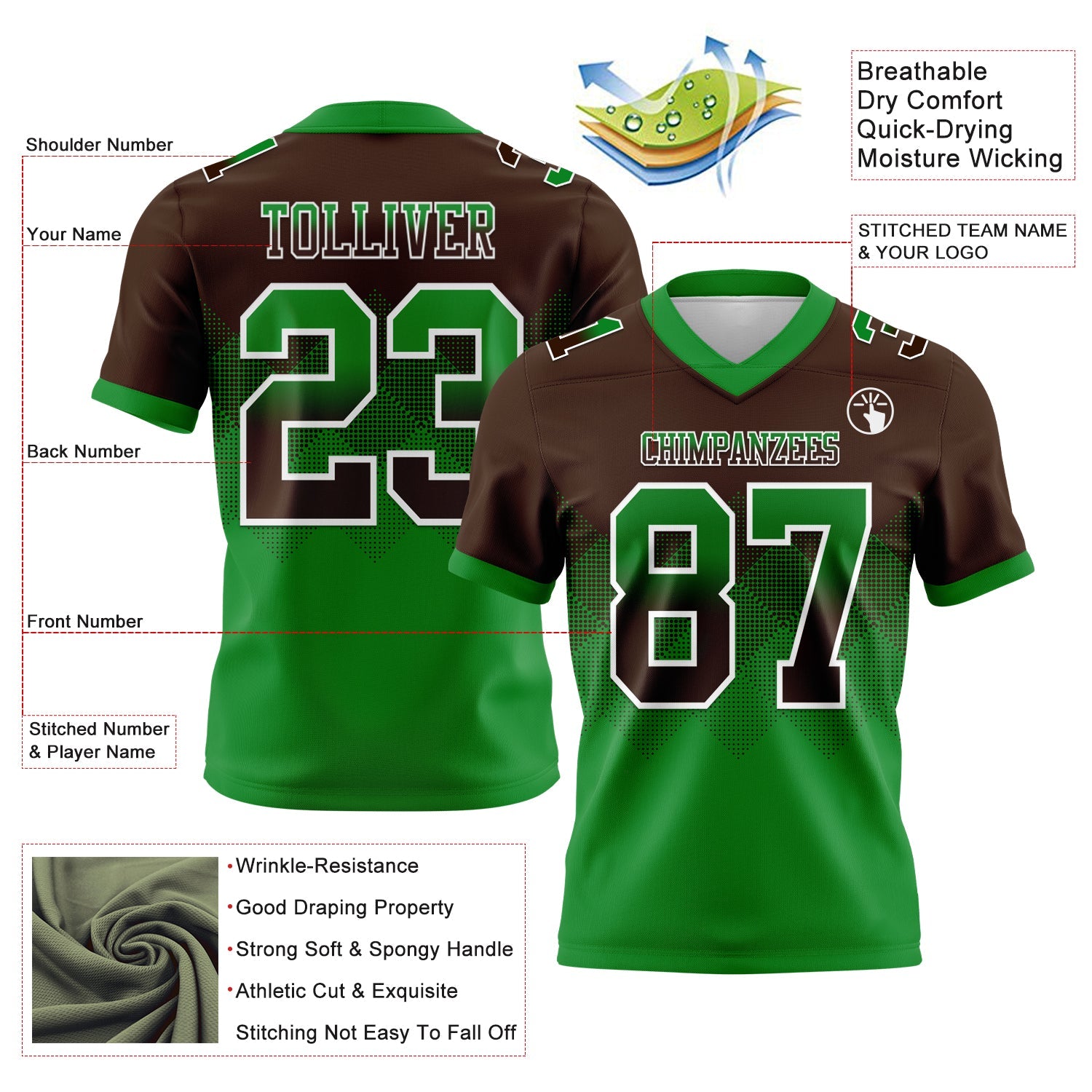 Custom Brown Grass Green-White Authentic Gradient Square Shape 7V7 Flag Football Jersey view 2