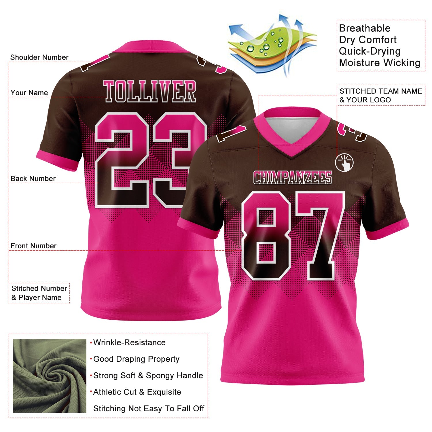 Custom Brown Hot Pink-White Authentic Gradient Square Shape 7V7 Flag Football Jersey view 2