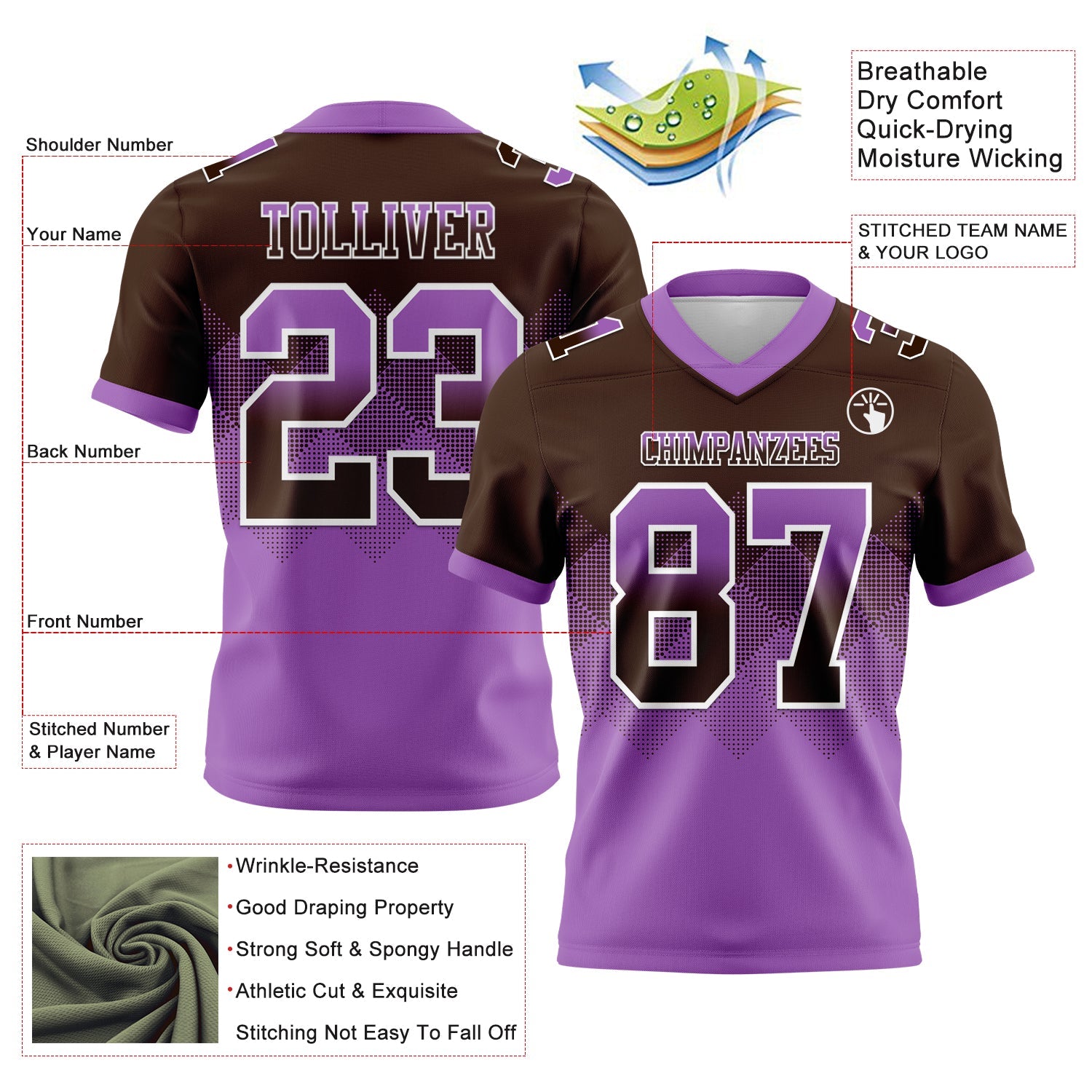 Custom Brown Medium Purple-White Authentic Gradient Square Shape 7V7 Flag Football Jersey view 2