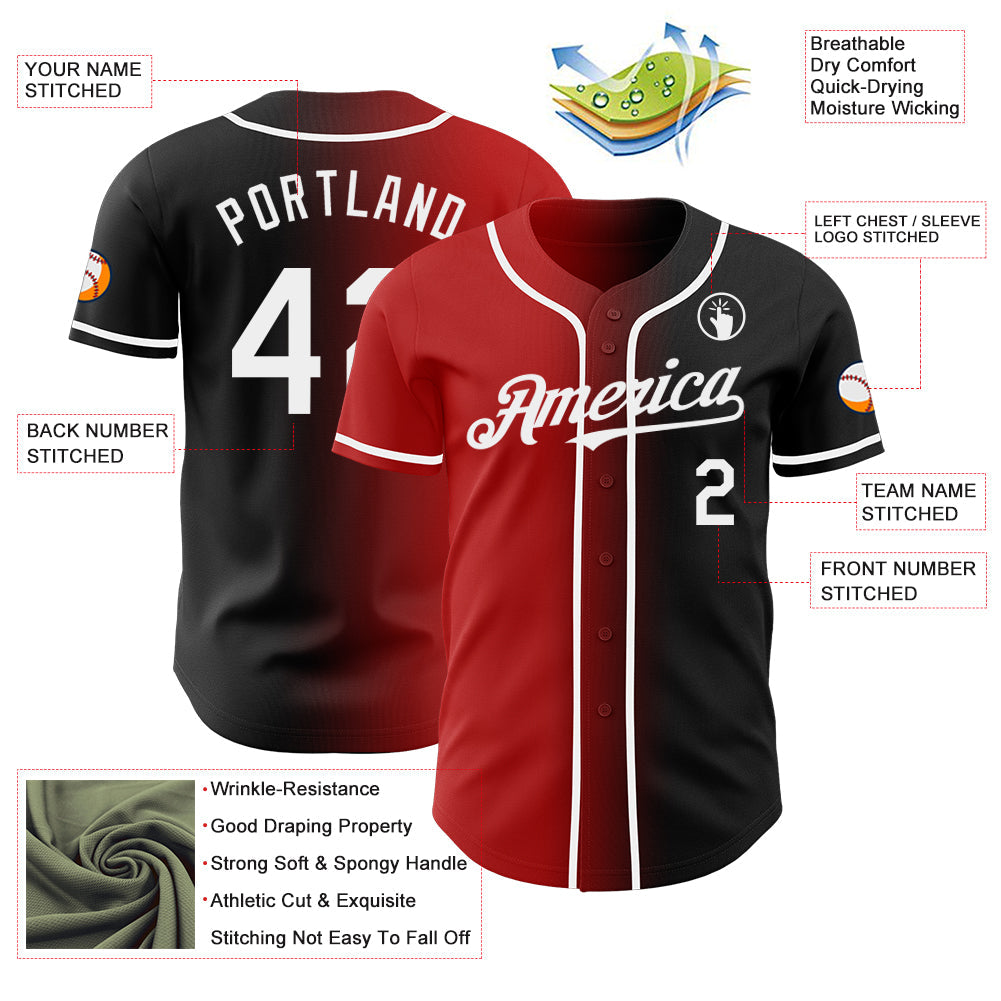 Custom Black White-Red Authentic Gradient Fashion Baseball Jersey view 3