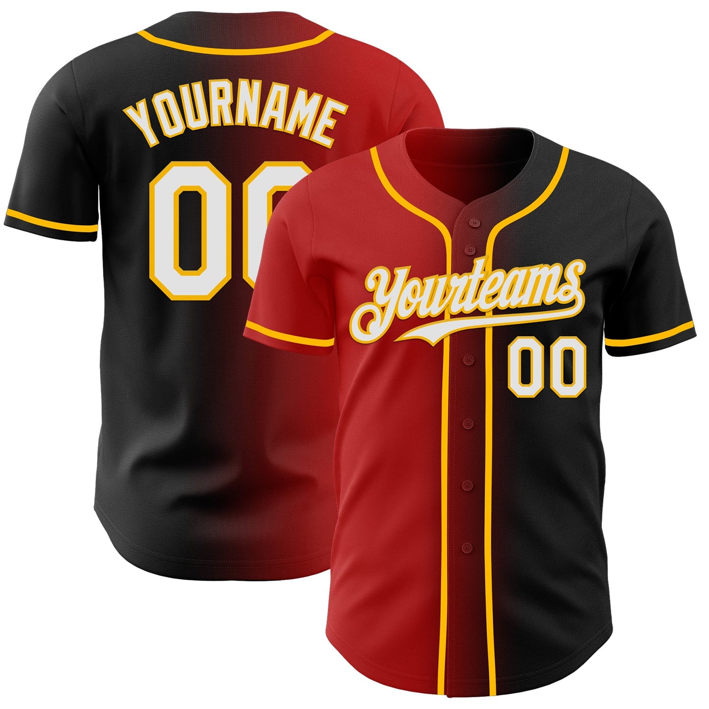 Custom Black White Red-Gold Authentic Gradient Fashion Baseball Jersey - Main View