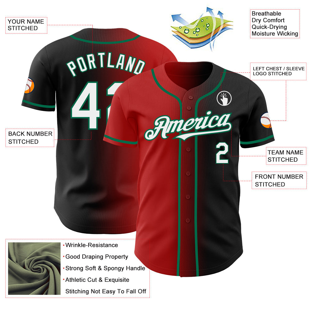 Custom Black White Red-Kelly Green Authentic Gradient Fashion Baseball Jersey view 3