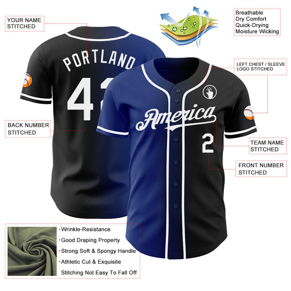 Custom Black White-Royal Authentic Gradient Fashion Baseball Jersey view 3
