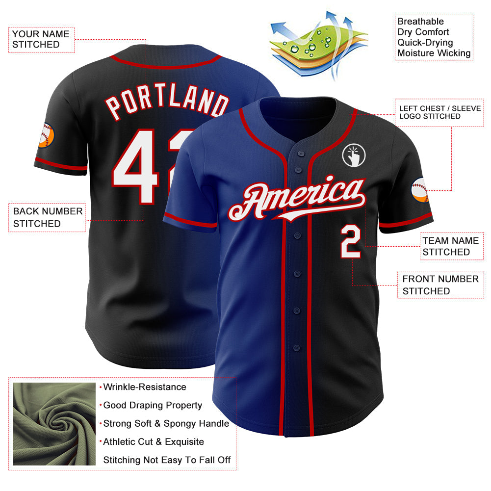 Custom Black White Royal-Red Authentic Gradient Fashion Baseball Jersey view 3
