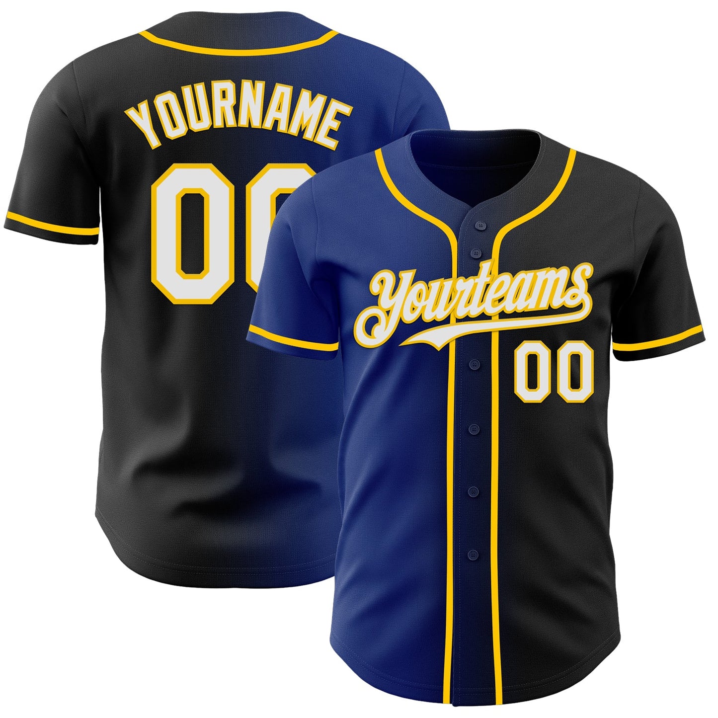 Custom Black White Royal-Yellow Authentic Gradient Fashion Baseball Jersey - Main View