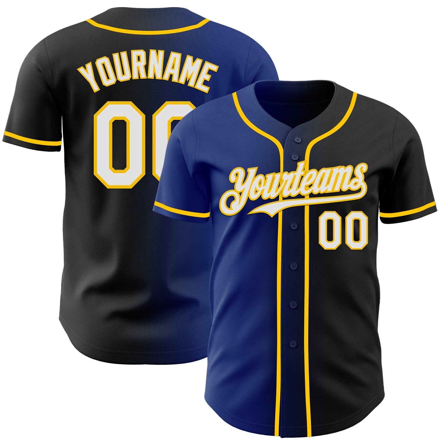 Custom Black White Royal-Yellow Authentic Gradient Fashion Baseball Jersey - Main View