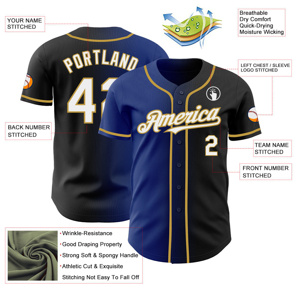 Custom Black White Royal-Old Gold Authentic Gradient Fashion Baseball Jersey view 3