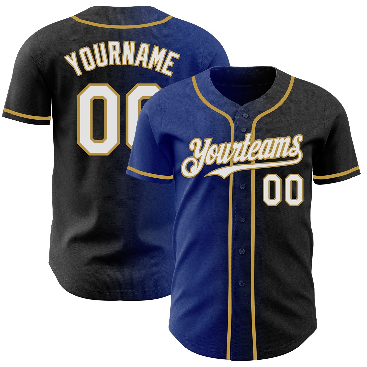 Custom Black White Royal-Old Gold Authentic Gradient Fashion Baseball Jersey - Main View