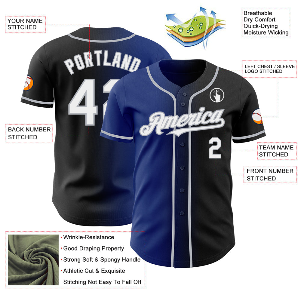 Custom Black White Royal-Gray Authentic Gradient Fashion Baseball Jersey view 3