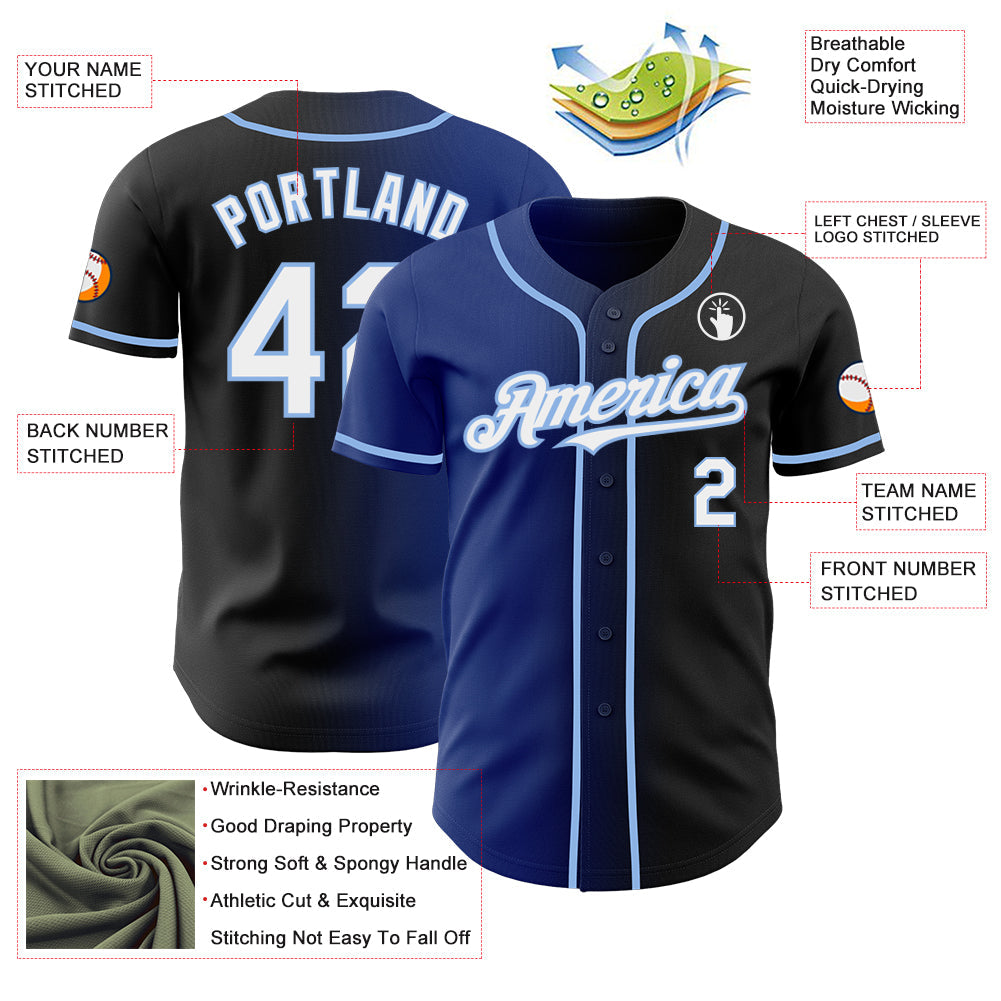 Custom Black White Royal-Light Blue Authentic Gradient Fashion Baseball Jersey view 3