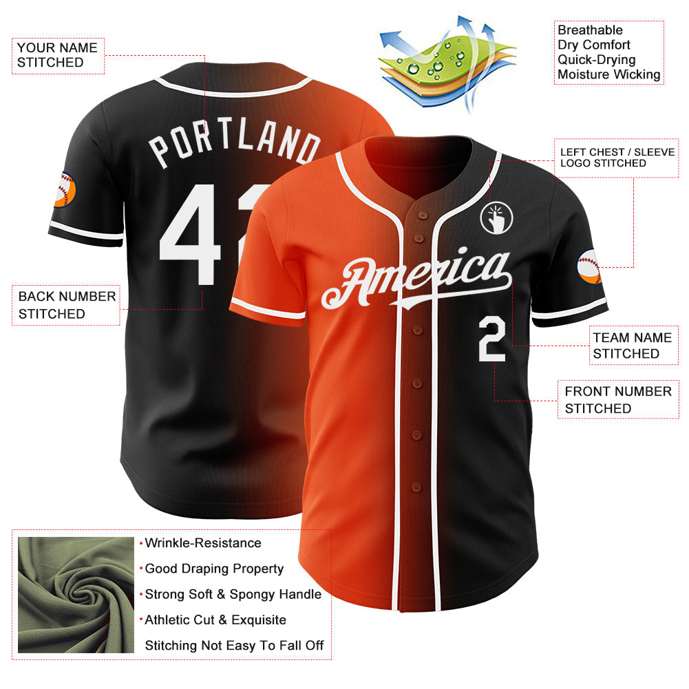 Custom Black White-Orange Authentic Gradient Fashion Baseball Jersey view 3