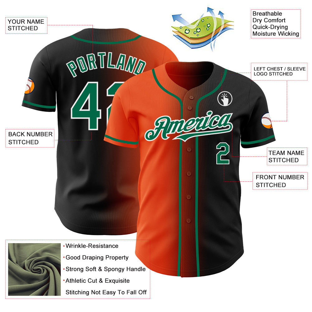 Custom Black Kelly Green Orange-White Authentic Gradient Fashion Baseball Jersey view 3