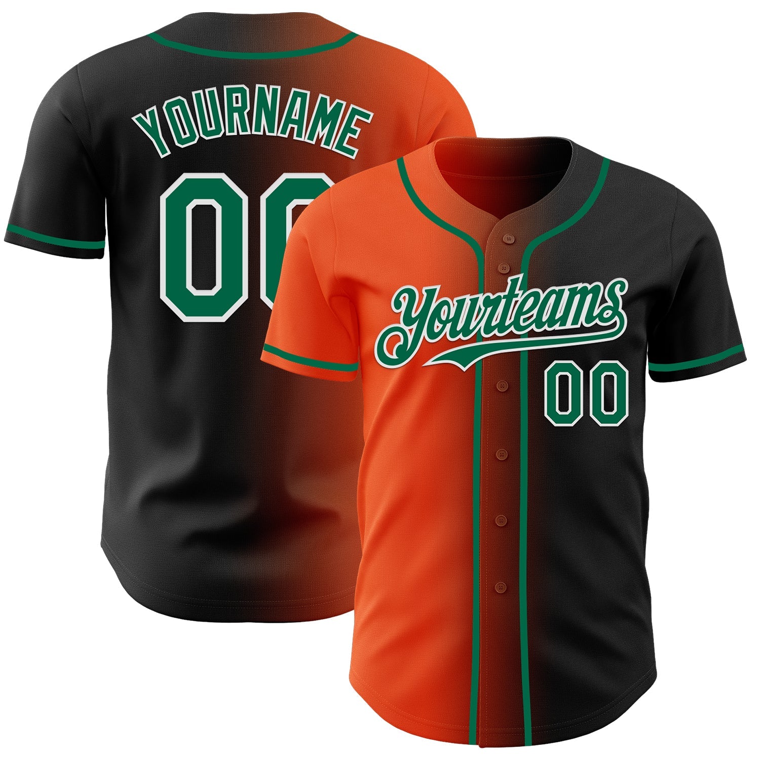 Custom Black Kelly Green Orange-White Authentic Gradient Fashion Baseball Jersey - Main View
