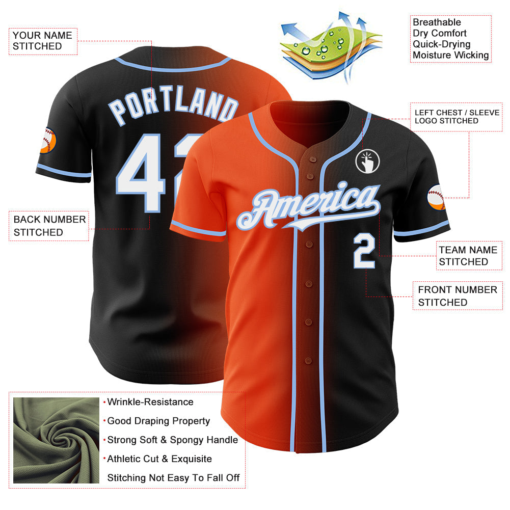 Custom Black White Orange-Light Blue Authentic Gradient Fashion Baseball Jersey view 3
