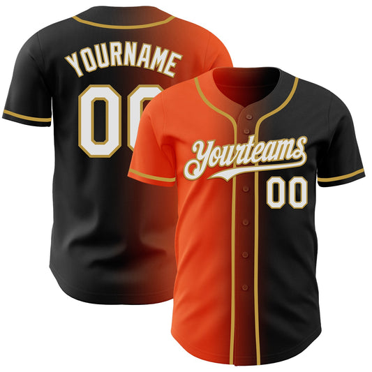 Custom Black White Orange-Old Gold Authentic Gradient Fashion Baseball Jersey - Main View