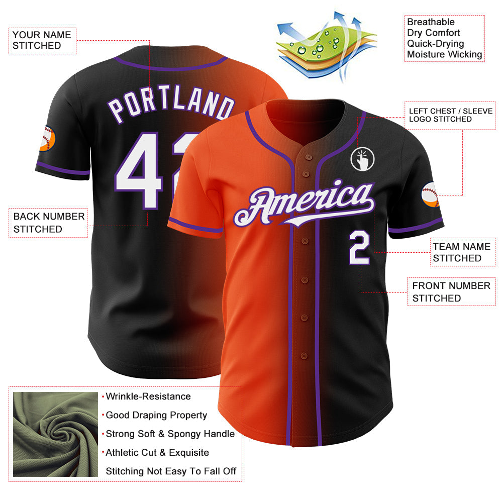 Custom Black White Orange-Purple Authentic Gradient Fashion Baseball Jersey view 3