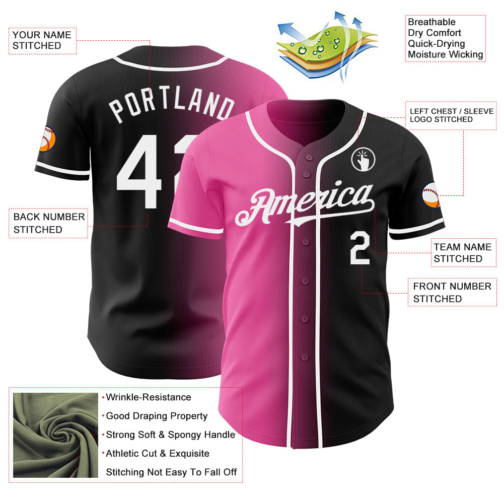 Custom Black White-Pink Authentic Gradient Fashion Baseball Jersey view 3