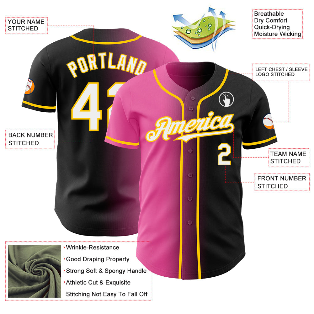 Custom Black White Pink-Yellow Authentic Gradient Fashion Baseball Jersey view 3