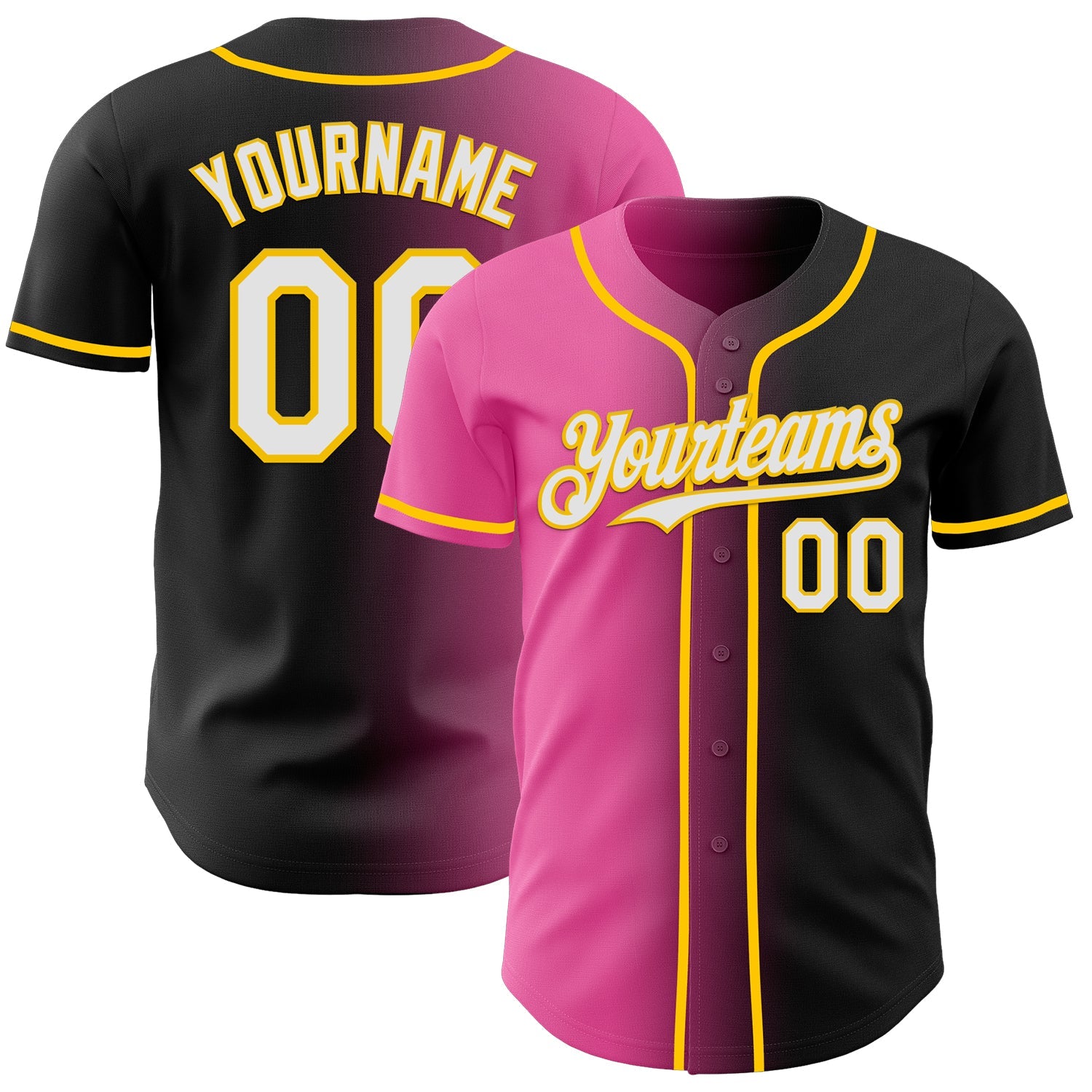 Custom Black White Pink-Yellow Authentic Gradient Fashion Baseball Jersey - Main View