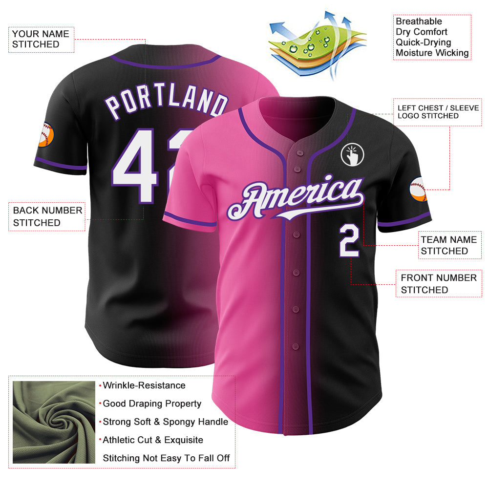 Custom Black White Pink-Purple Authentic Gradient Fashion Baseball Jersey view 3