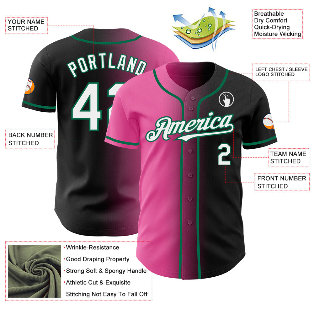 Custom Black White Pink-Kelly Green Authentic Gradient Fashion Baseball Jersey view 3