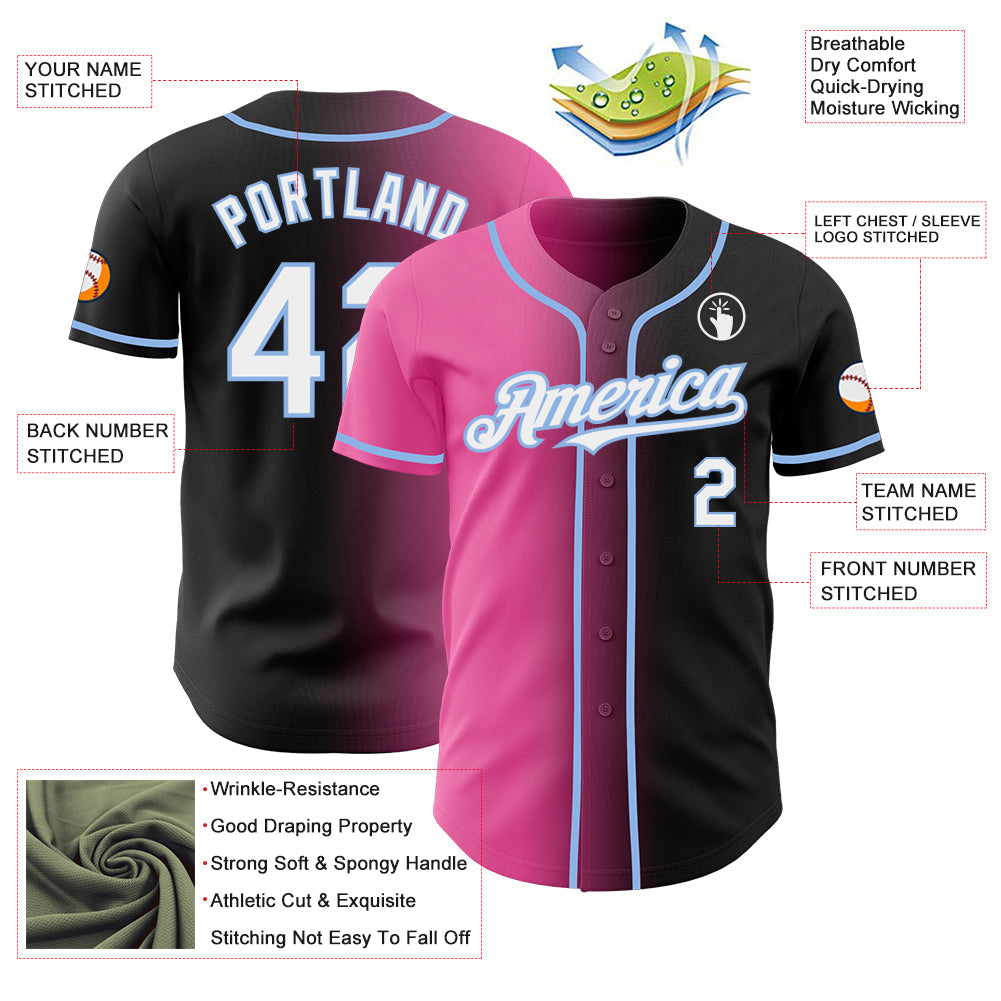 Custom Black White Pink-Light Blue Authentic Gradient Fashion Baseball Jersey view 3